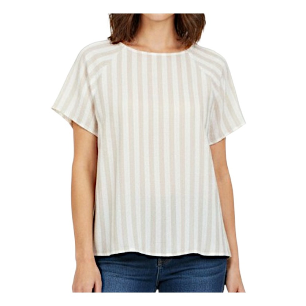 GIBSON LATIMER Biege/White Stripes TEXTURAL BLOUSE TOP Relaxed Breezy Beachy S
